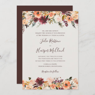 Invitation Floral Orange Bourgogne   Mariage traditionnel bei