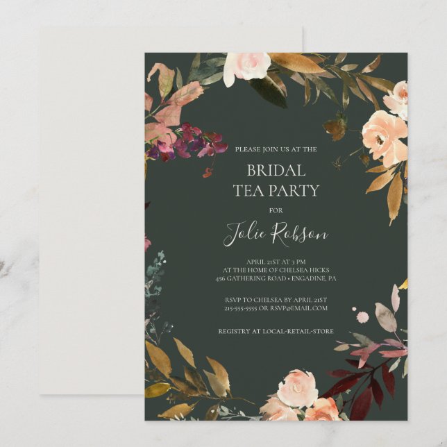 Invitation Floral Orange Bourgogne | Soirée de thé pour les f (Devant / Derrière)
