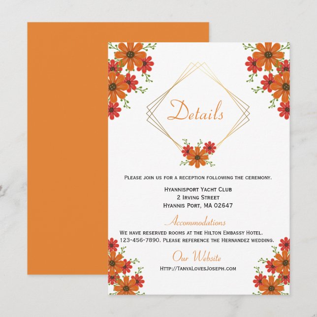 Invitation Floral Orange Détails sur l'Mariage Country Fall R (Devant / Derrière)