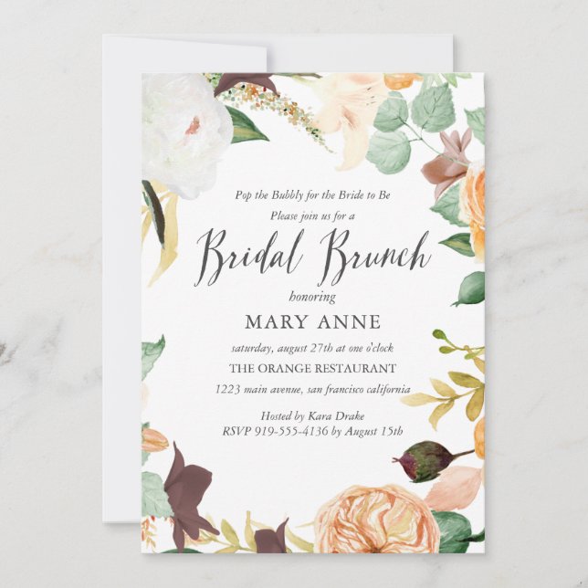 Invitation Floral Orange Fin été Mariage Bridal Brunch (Devant)