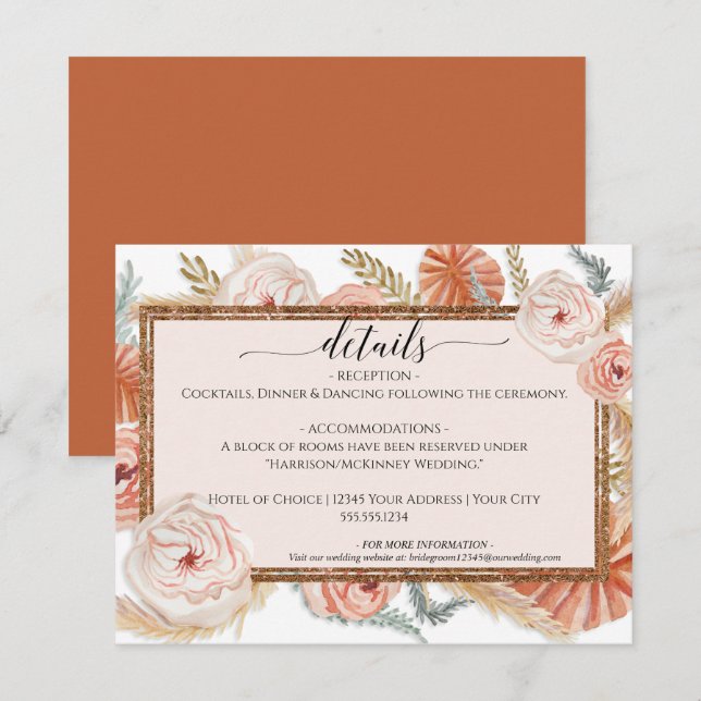 Invitation Floral Pampas Foliage Burnt Orange Détails Mariage (Devant / Derrière)