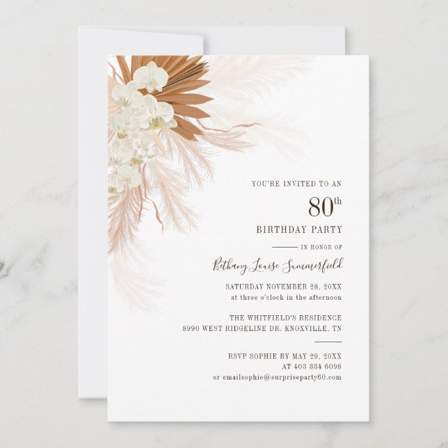Invitation Floral Pampas Grass 80e anniversaire (Devant)