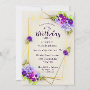 Invitation Floral Pansy Géométrique 40e anniversaire