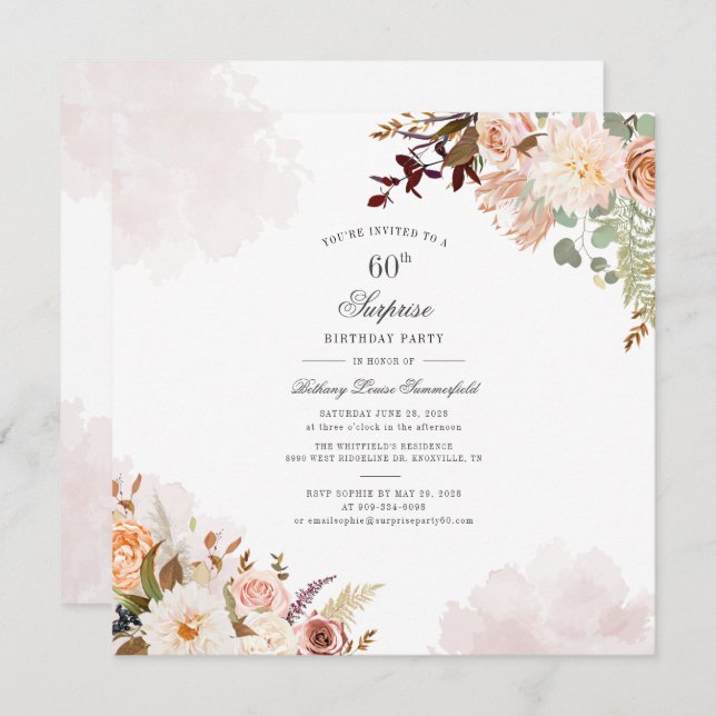 Invitation Floral Pastel 60e anniversaire Script Surprise Par (Devant / Derrière)
