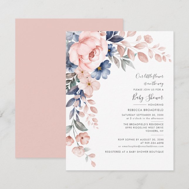 Invitation Floral Pastel Baby shower d'aquarelle bleu rose (Devant / Derrière)