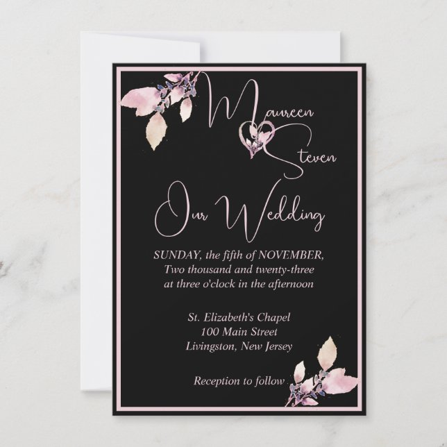 Invitation Floral Pastel rose sur un élégant Mariage noir (Devant)