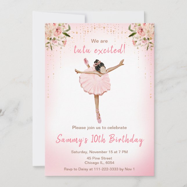 Invitation Floral Peau foncée Ballerina Anniversaire (Devant)