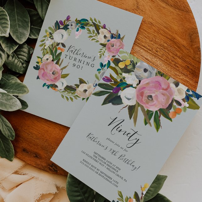 Invitation Floral peint 90e anniversaire (Créateur téléchargé)
