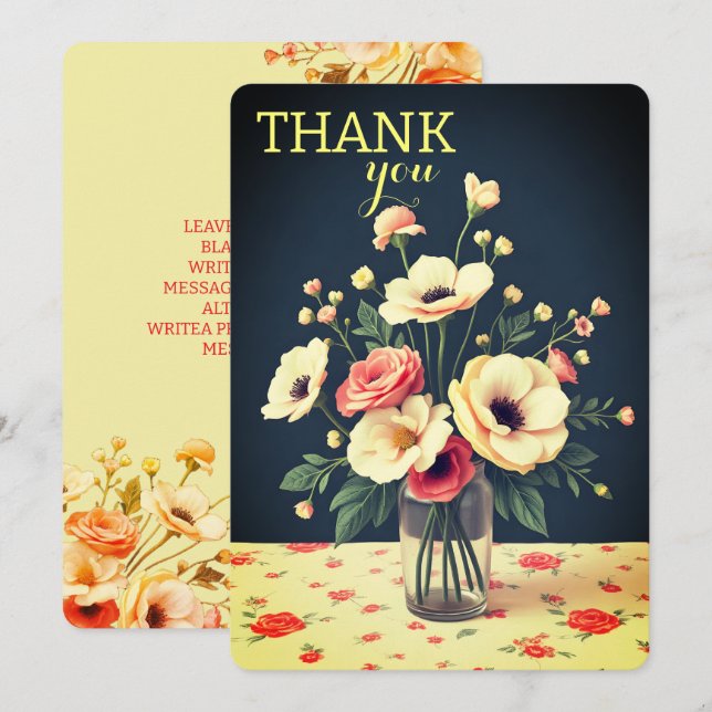Invitation Floral Personalized Yellow Flat Thank You Card (Devant / Derrière)