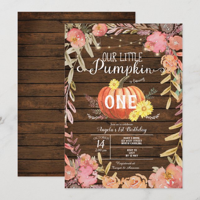Invitation Floral Petit Citrouille Bois automne 1er anniversa (Devant / Derrière)
