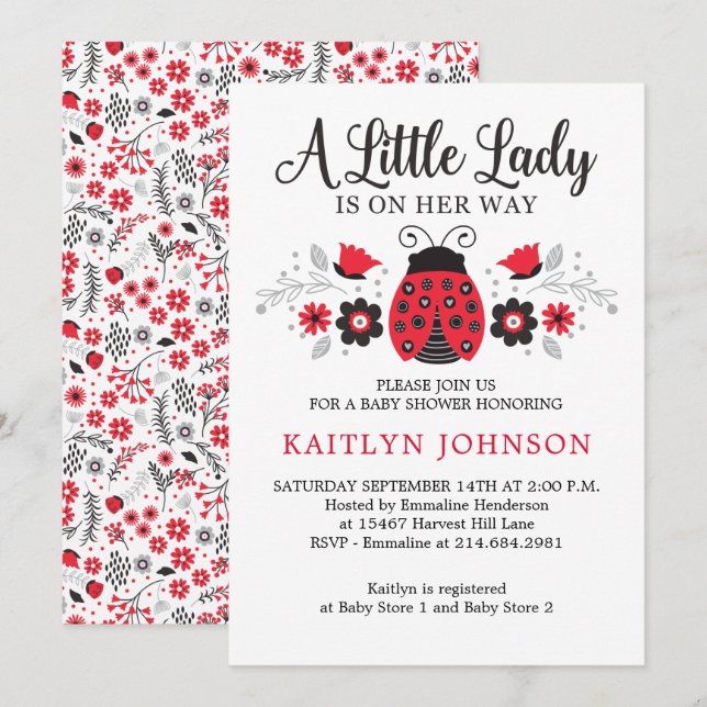 Invitation Floral Petite Dame Ladybug Baby shower fille (Devant / Derrière)