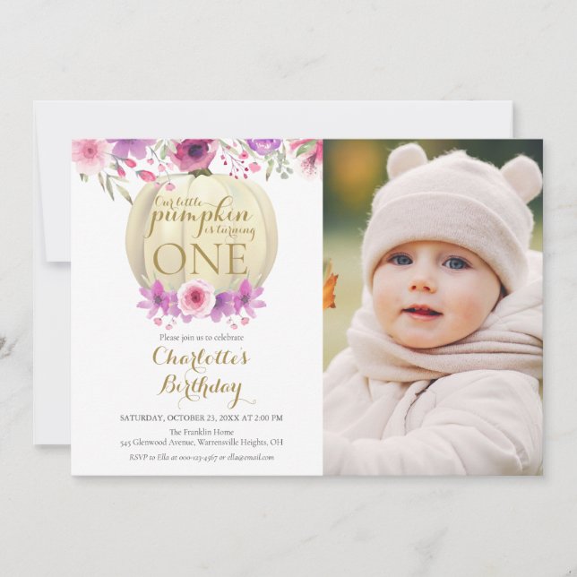 Invitation Floral Petites filles Citrouilles 1er anniversaire (Devant)