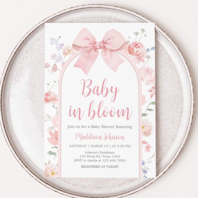 Invitation Floral Pink Bow Baby dans le Baby shower de fleurs (Floral Pink Bow Arch Baby in Bloom Baby Shower Invitation)
