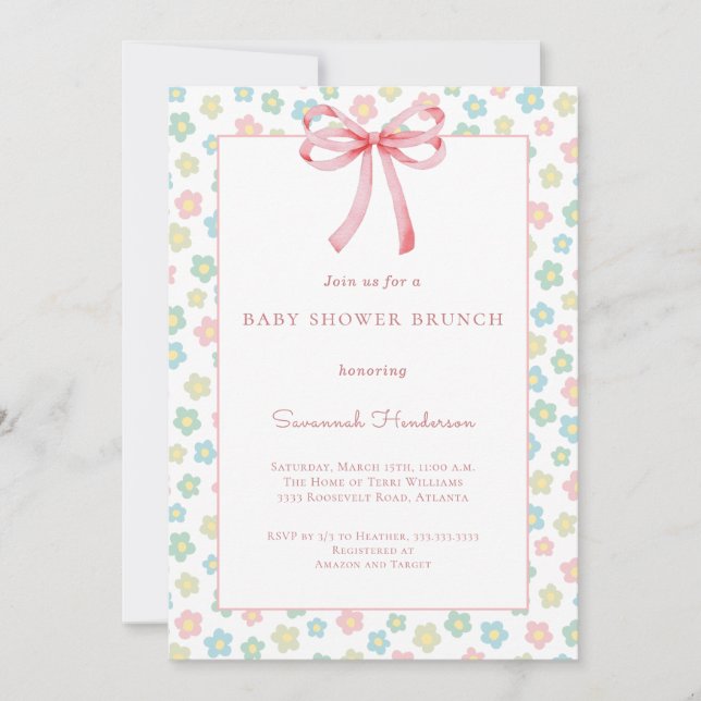 Invitation Floral Pink Bow Ribbon Baby Shower Brunch  (Devant)