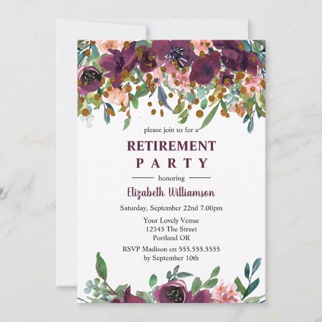 Invitation Floral Pink et Burgundy Retraite Party (Devant)