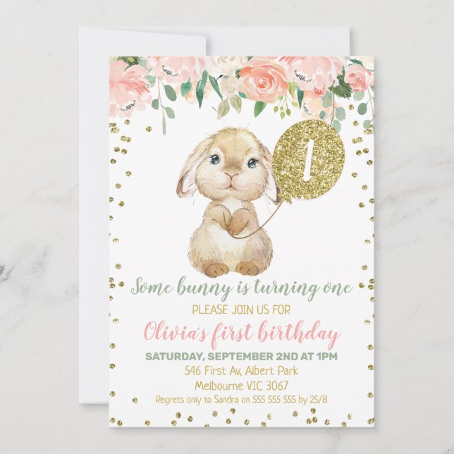 Invitation Floral Pink Gold Balloon Fluffy Bunny 1er annivers (Devant)