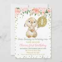 Floral Pink Gold Balloon Fluffy Bunny 1er annivers