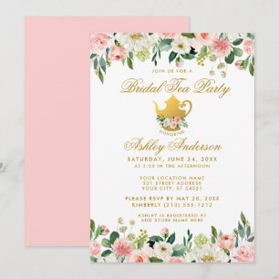 Invitation Floral Pink Gold Fête des mariées Tea Party Invita