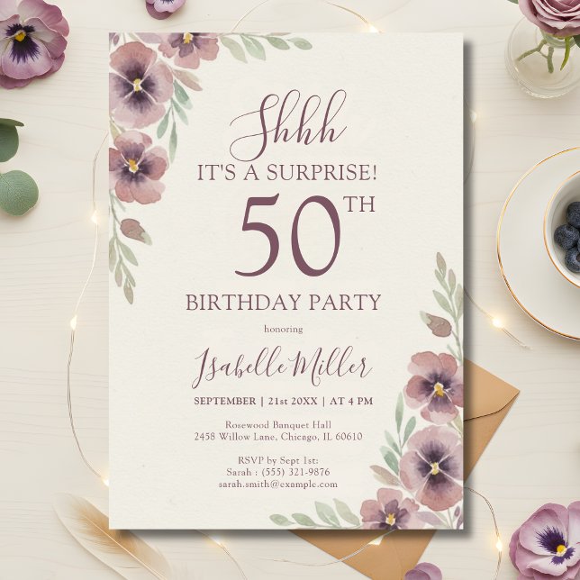 Invitation Floral Pink Mauve Surprise 50th Birthday (Floral Pink Mauve Surprise 50th Birthday Invitation)