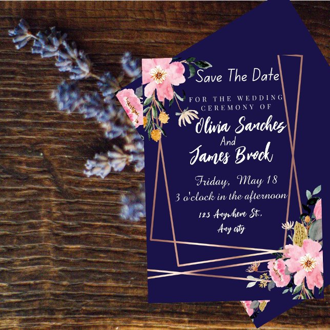 Invitation Floral pink Navy Blue Rustic Wedding  (Créateur téléchargé)