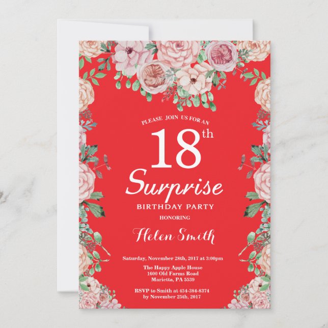 Invitation Floral Pink Peonies 18e Anniversaire Surprise Roug (Devant)