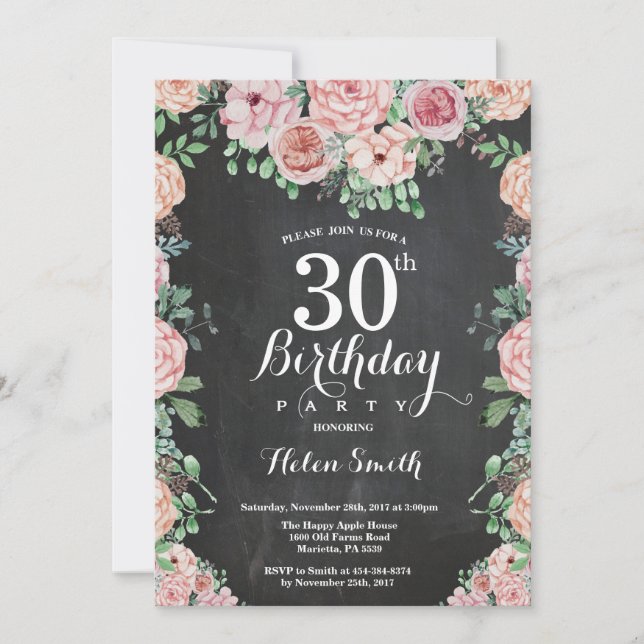Invitation Floral Pink Peonies 30e tableau de bord d'annivers (Devant)
