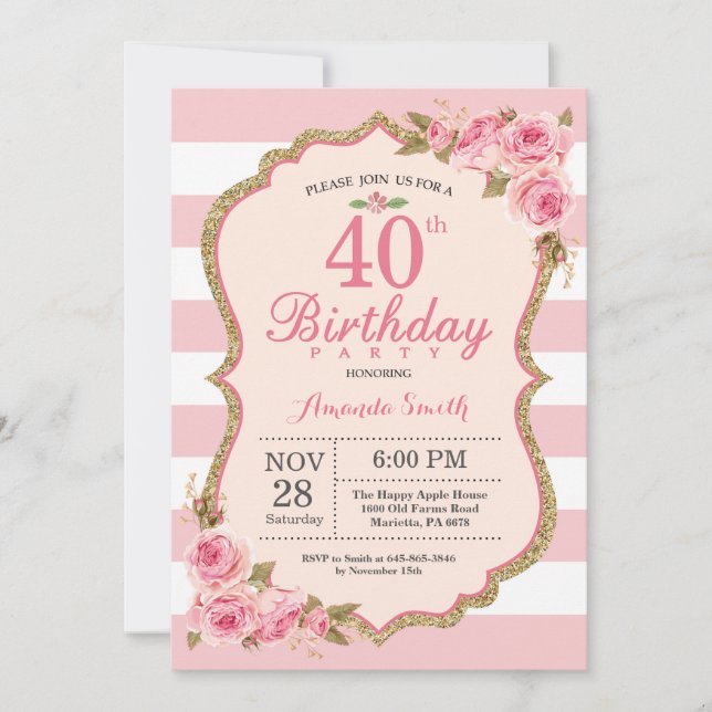 Invitation Floral Pink Peonies 40e anniversaire de fête Invit (Devant)
