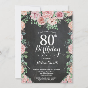 Invitation Floral Pink Peonies 80e Anniversaire Chalkboard
