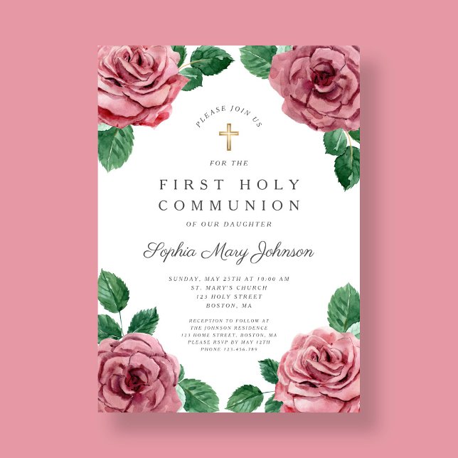 Invitation Floral Pink Peonies Fille Religieux Première Commu (Floral Pink Peonies Girl Religious First Communion Invitation)