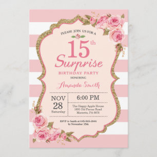 Invitation Floral Pink Peonies Surprise 15e anniversaire