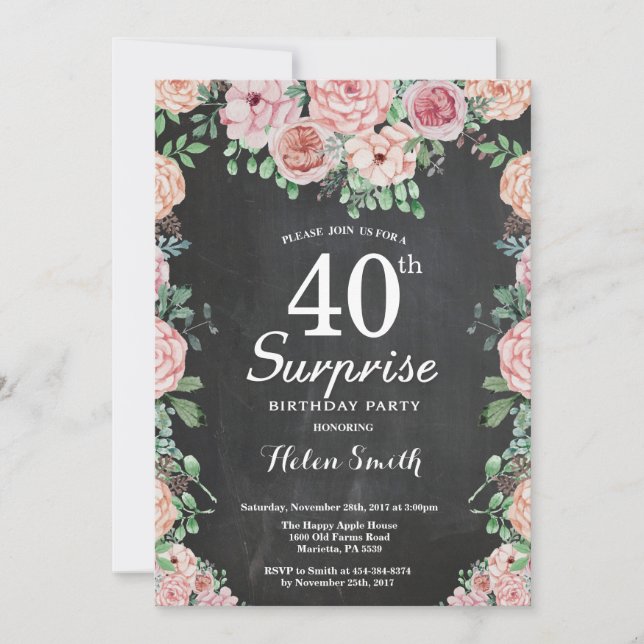 Invitation Floral Pink Peonies Surprise 40e anniversaire (Devant)