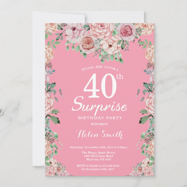Invitation Floral Pink Peonies Surprise 40e anniversaire (Devant)