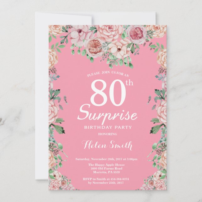 Invitation Floral Pink Peonies Surprise 80e anniversaire (Devant)