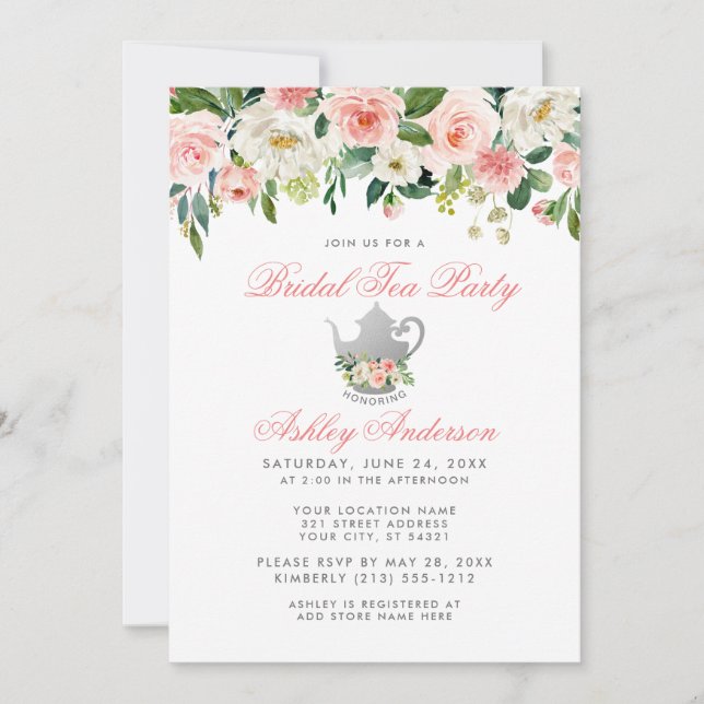 Invitation Floral Pink Silver Tea Party Fête des mariées Invi (Devant)
