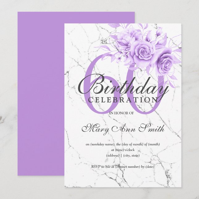 Invitation Floral pourpre 60e Anniversaire Marbre de fête  (Devant / Derrière)