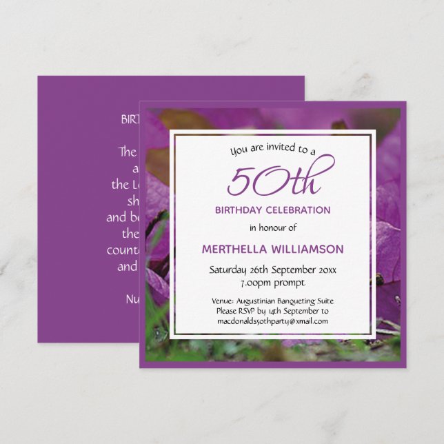 Invitation Floral pourpre Personnalisé 50e anniversaire Carré (Devant / Derrière)