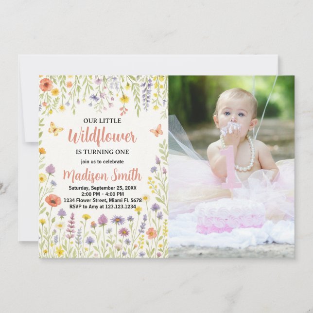 Invitation Floral Premier Anniversaire avec photo (Devant)