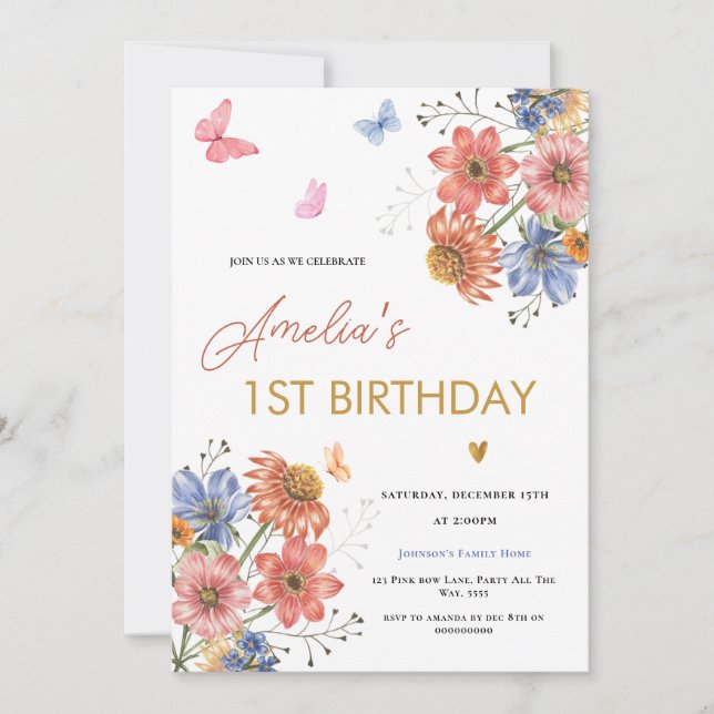 Invitation Floral premier anniversaire fille Fleurs de printe (Devant)