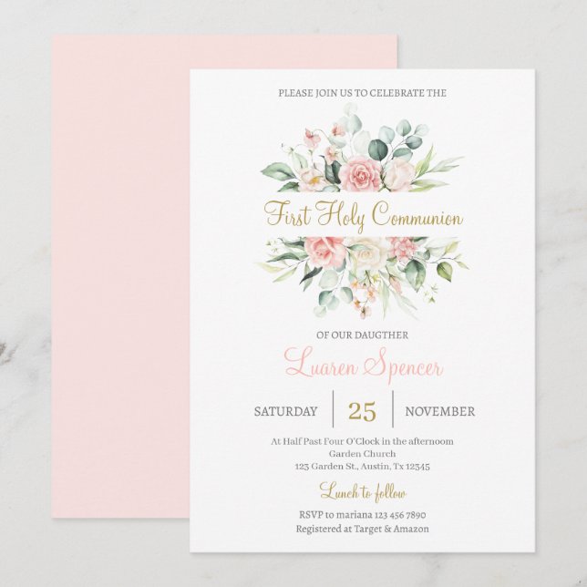 Invitation Floral Première Sainte Communion pour fille (Devant / Derrière)