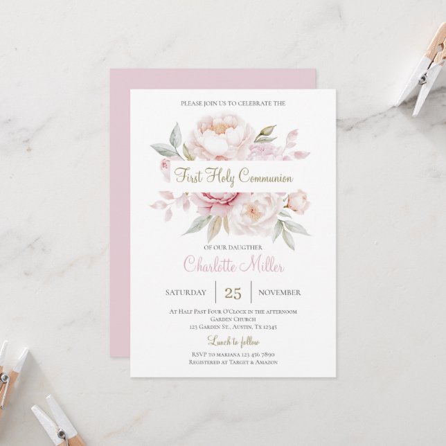 Invitation Floral Première Sainte Communion pour fille (Devant/Arrière en situation)