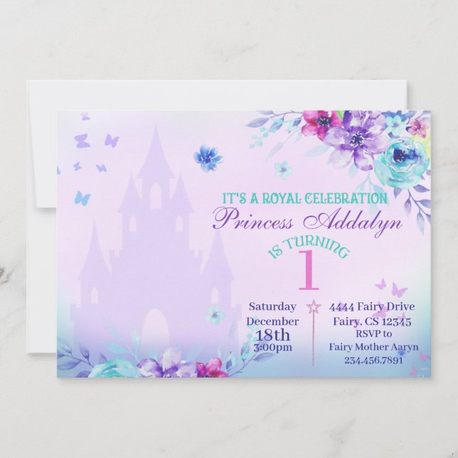 Invitation Floral Princess Castle Aquarelle 1er anniversaire (Devant)