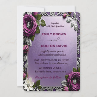 Invitation Floral Profond violet argenté et Mariage vert