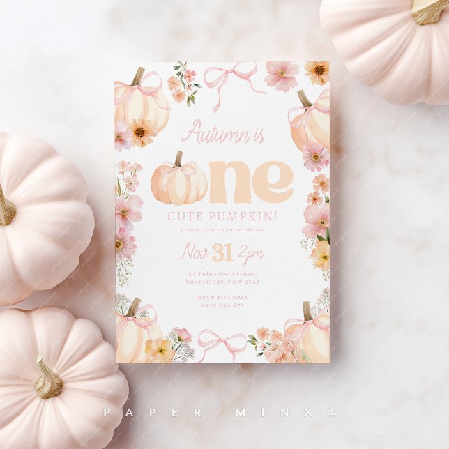 Invitation Floral pumpkin 1st Birthday Orange Pink Bow (Pink and Orange Pumpkin 1st Birthday invitation with flowers and bows.)