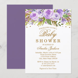 Invitation Floral Purple Aquarelle Baby shower or