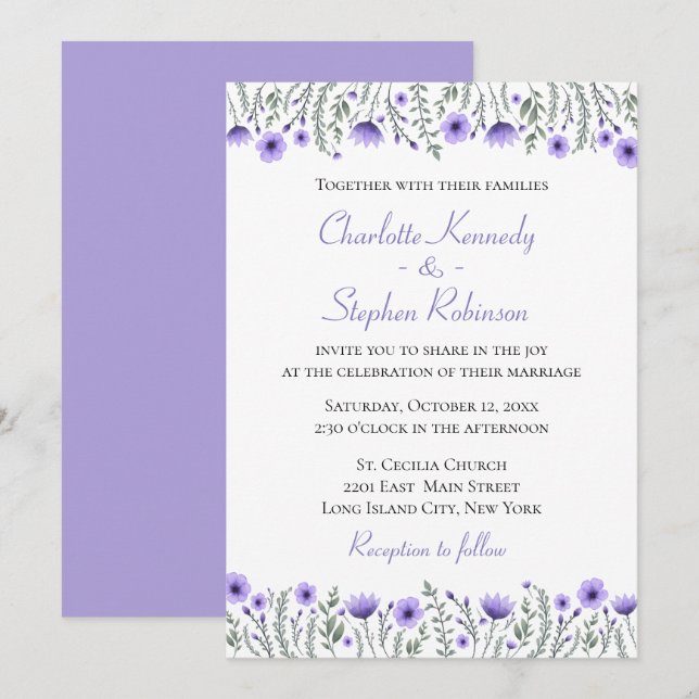 Invitation Floral Purple Aquarelle Fleur sauvage Mariage (Devant / Derrière)