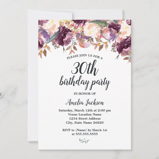 Invitation Floral Purple Bloom Aquarelle 30ème anniversaire (Devant)