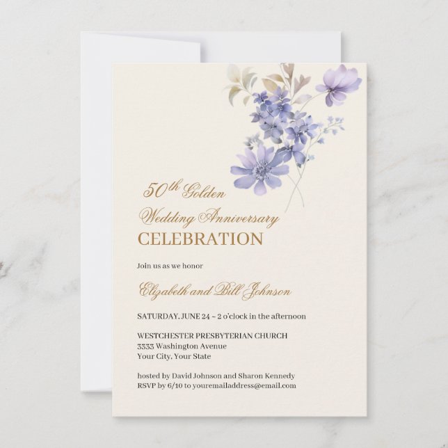 Invitation Floral Purple Gold 50e anniversaire Mariage (Devant)
