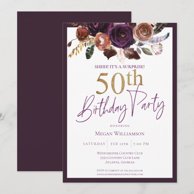 Invitation Floral Purple Gold Surprise 50e fête d'anniversair (Devant / Derrière)