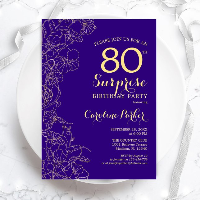 Invitation Floral Purple Gold Surprise 80e fête d'anniversair (Créateur téléchargé)