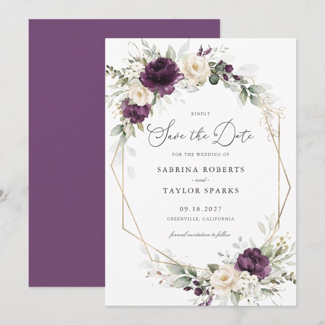 Invitation Floral Purple Greenery Gold Wedding Enregistrer La (Devant / Derrière)